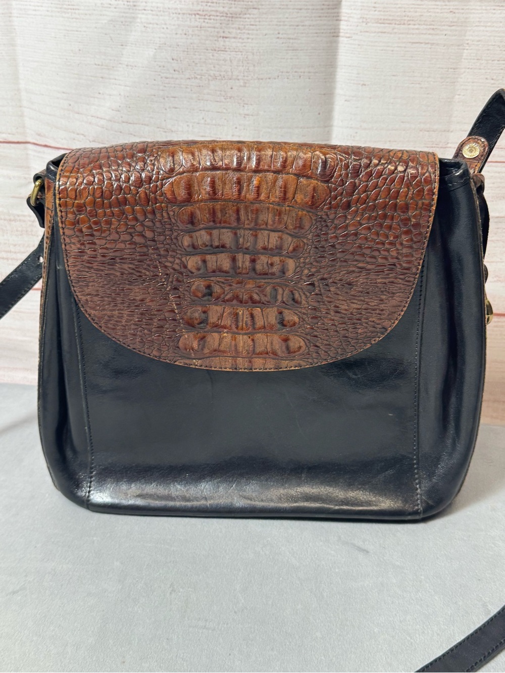Brahmin Black Leather Crossbody with Brown Croc-Embossed Flap